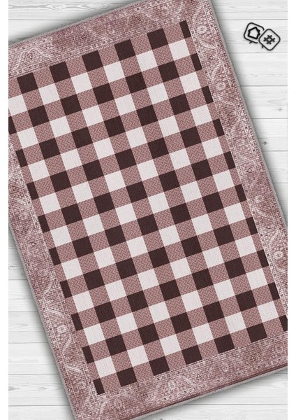 Ekose Desenli Pembe Kahve Renkli Halı Vintage Bordürlü Halı Hasır Görünümlü Damalı Halı