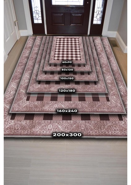 Ekose Desenli Pembe Kahve Renkli Halı Vintage Bordürlü Halı Hasır Görünümlü Damalı Halı