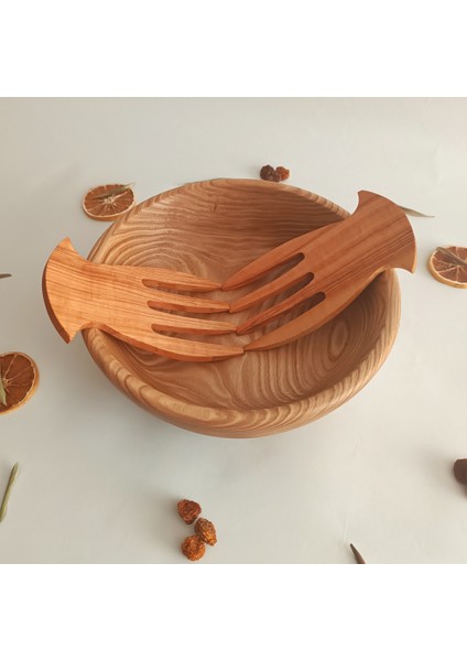 Ahşap Sunum, Servis Tabağı, Kasesi ve Salata Eli- Özel El Yapımı Kestane Ağacı Büyük Boy