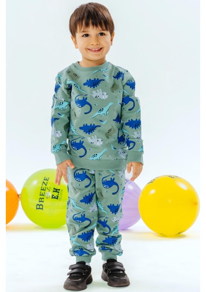 GİRLS & BOYS Erkek Çocuk Eşofman Takımı Dinozor Desenli 1-4 Yaş, Mint Yeşili