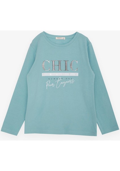 Kız Çocuk Uzun Kollu Tişört Simli Yazı Baskılı 9-14 Yaş, Su Yeşili