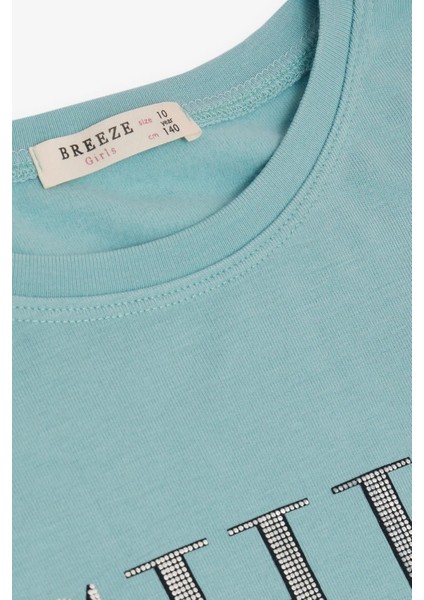 Kız Çocuk Uzun Kollu Tişört Simli Yazı Baskılı 9-14 Yaş, Su Yeşili modelleri