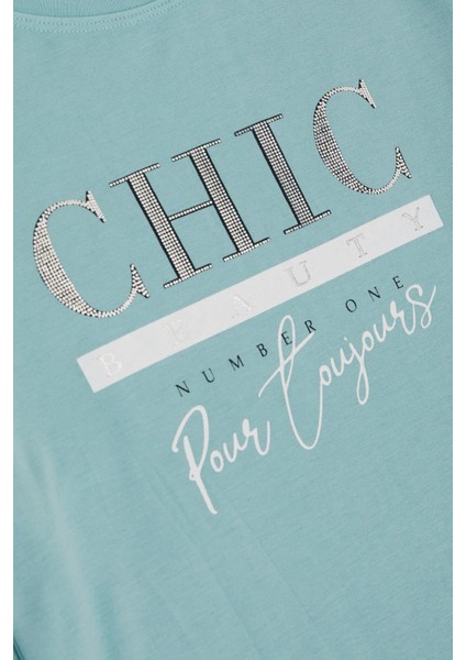 Kız Çocuk Uzun Kollu Tişört Simli Yazı Baskılı 9-14 Yaş, Su Yeşili fırsatları