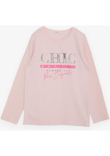 Kız Çocuk Uzun Kollu Tişört Simli Yazı Baskılı 9-14 Yaş, Pudra