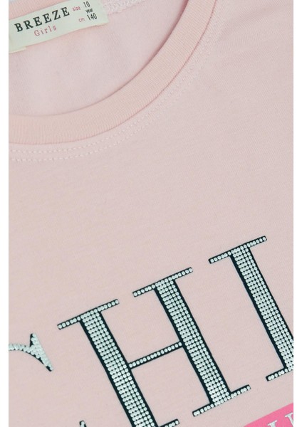 Kız Çocuk Uzun Kollu Tişört Simli Yazı Baskılı 9-14 Yaş, Pudra modelleri