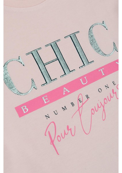 Kız Çocuk Uzun Kollu Tişört Simli Yazı Baskılı 9-14 Yaş, Pudra fırsatları