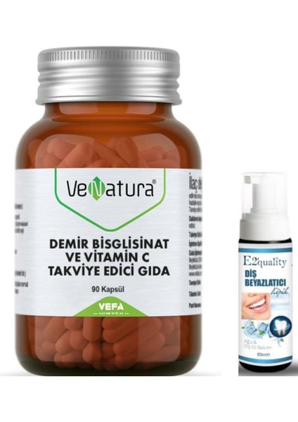 Demir Bisglisinat ve Vitamin C 90 Kapsül - Diş Beyazlatıcı Köpük Hediye