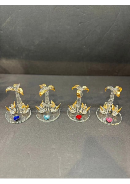 Dekoratif Kristal Palmiyeli Ikili Kuğu Gold-Pembe