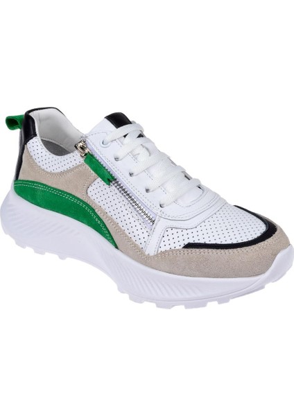 Hakiki Deri Yanı Fermuarlı Kadın Spor Ayakkabı PLM-34601 BEYAZ YEŞİL