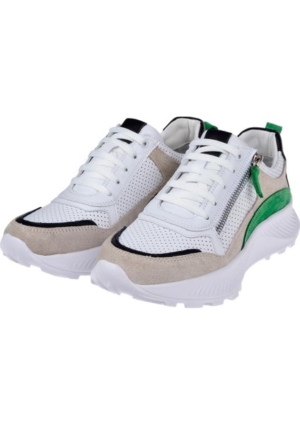 Hakiki Deri Yanı Fermuarlı Kadın Spor Ayakkabı PLM-34601 BEYAZ YEŞİL fırsatları