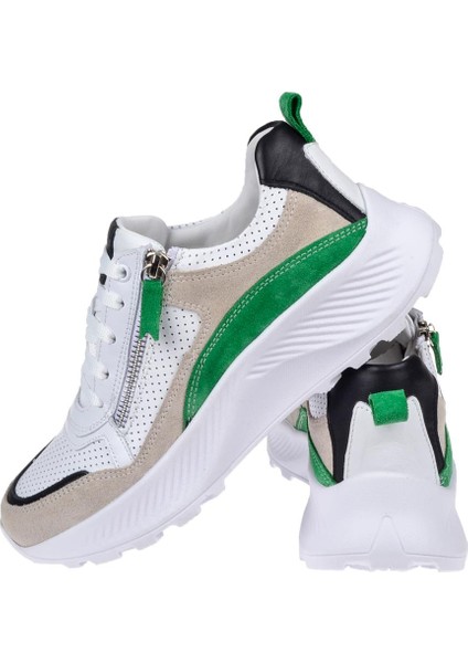 Hakiki Deri Yanı Fermuarlı Kadın Spor Ayakkabı PLM-34601 BEYAZ YEŞİL indirimleri