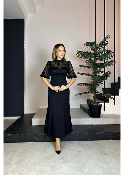 G0814 Dantel Detaylı Maksi Abiye Elbise Siyah modelleri