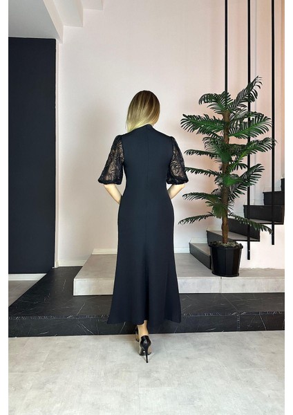 G0814 Dantel Detaylı Maksi Abiye Elbise Siyah fırsatları