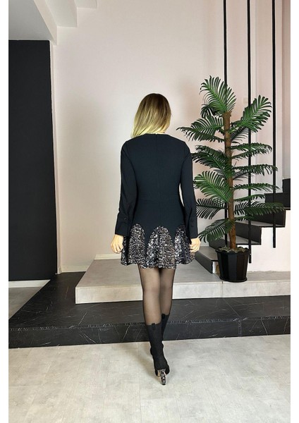 G0804 Etek Ucu Volan ve Payet Detaylı Elbise Siyah