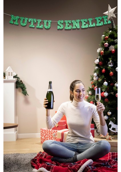 Yeşil Mutlu Seneler Yazılı Banner, Özel Gün, Davet Organizasyonu ,yeni Yıl, Yılbaşı Sofrası, Simli Eva Banner