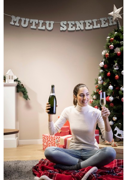 Gri Mutlu Seneler Yazılı Banner, Özel Gün, Davet Organizasyonu ,yeni Yıl, Yılbaşı Sofrası, Simli Eva Banner