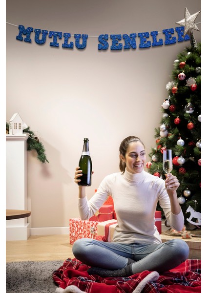 Lacivert Mutlu Seneler Yazılı Banner, Özel Gün, Davet Organizasyonu ,yeni Yıl, Yılbaşı Sofrası, Simli Eva Banner