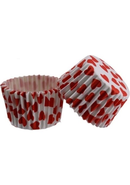 Kek Kalıbı Pet Kapsül 52X45 mm Kağıt Cupcake Kağıdı - 100'LÜ Beyaza Kırmızı Kalp Desenli modelleri