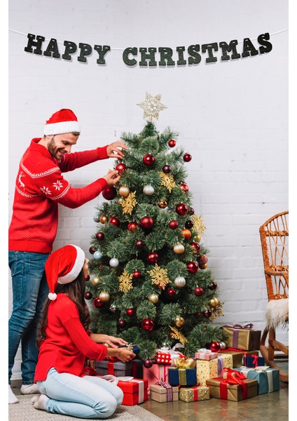 Siyah Happy Christmas Yazılı Banner , Özel Gün, Davet Organizasyonu ,yeni Yıl, Yılbaşı Sofrası, Simli Eva Banner