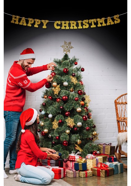 Gold Happy Christmas Yazılı Banner , Özel Gün, Davet Organizasyonu ,yeni Yıl, Yılbaşı Sofrası, Simli Eva Banner