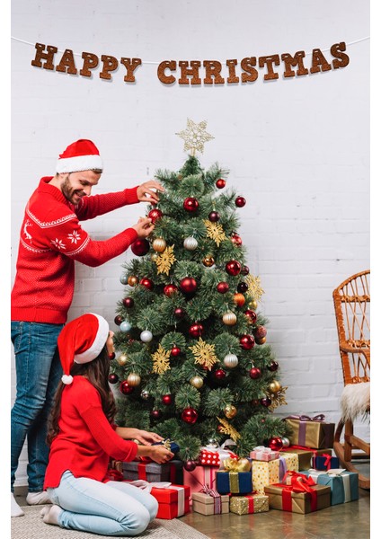 Kahverengi Happy Christmas Yazılı Banner , Özel Gün, Davet Organizasyonu ,yeni Yıl, Yılbaşı Sofrası, Simli Eva Banner