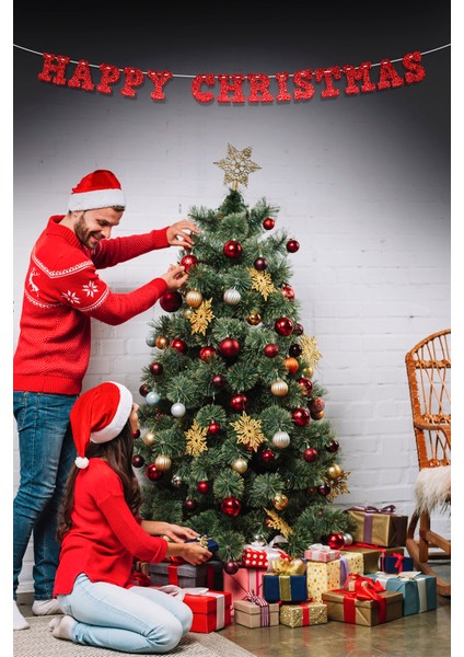 Kırmızı Happy Christmas Yazılı Banner , Özel Gün, Davet Organizasyonu ,yeni Yıl, Yılbaşı Sofrası, Simli Eva Banner