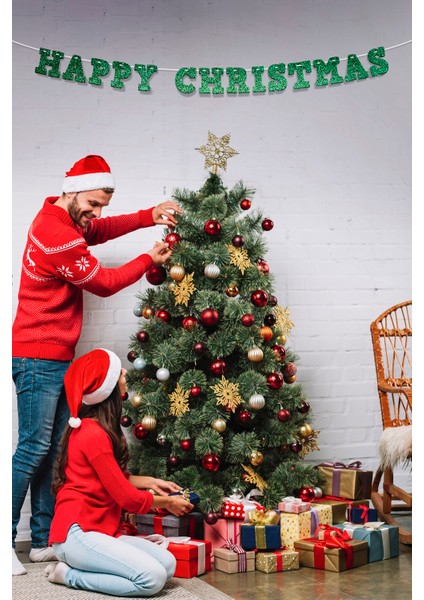 Yeşil Happy Christmas Yazılı Banner , Özel Gün, Davet Organizasyonu ,yeni Yıl, Yılbaşı Sofrası, Simli Eva Banner