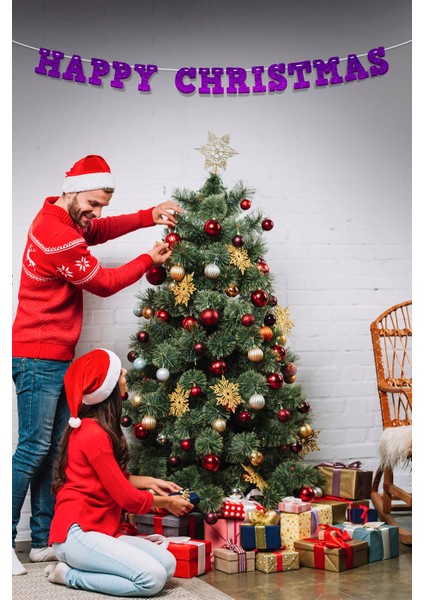 Mor Happy Christmas Yazılı Banner , Özel Gün, Davet Organizasyonu ,yeni Yıl, Yılbaşı Sofrası, Simli Eva Banner