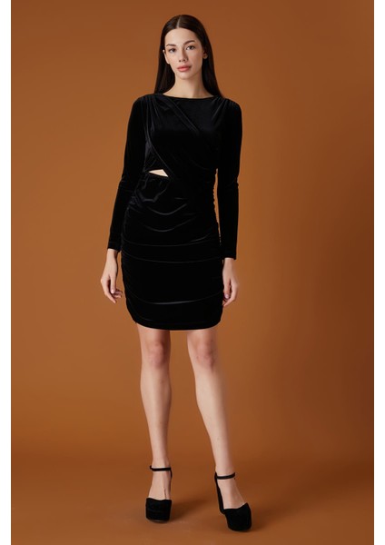 Kadın Pencere Detaylı Kadife Elbise 332116083 Siyah