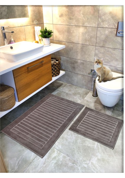 %100 Pamuk Dokuma Banyo Paspas Seti, Banyo Halısı Şeritli 60X100 - 60X50