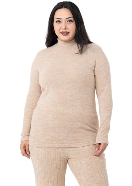 Büyük Beden Yarım Balıkçı Uzun Kollu Triko Bej Rengi Body