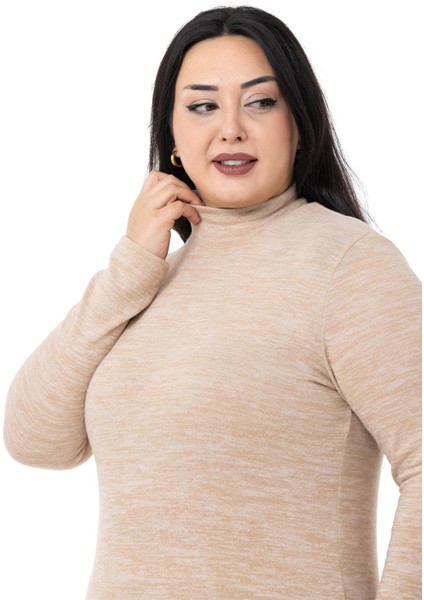 Büyük Beden Yarım Balıkçı Uzun Kollu Triko Bej Rengi Body