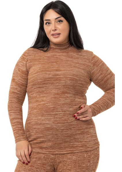 Büyük Beden Yarım Balıkçı Uzun Kollu Triko Kahverengi Body
