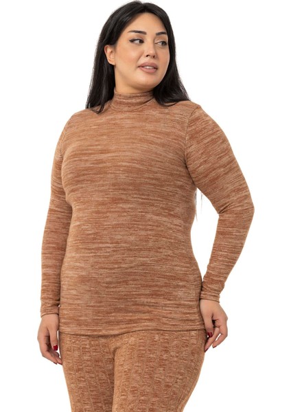Büyük Beden Yarım Balıkçı Uzun Kollu Triko Kahverengi Body