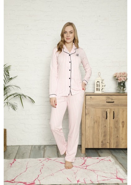 Kadın Pembe Beyaz Çizgili Önden Düğmeli Gömlek Yaka Uzun Kol Mevsimlik Pamuk Likra Pijama Takımı fırsatları