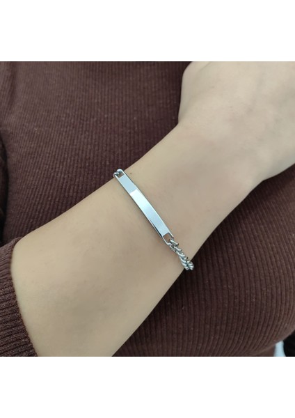 5 mm Gri Çelik Künye Model Kadın Yassı Zincir Bileklik EU37
