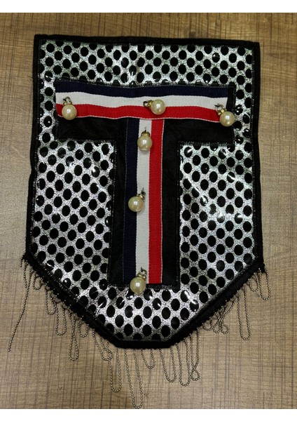 26X18 cm Inci Boncuklu Çelik Püsküllü Arma Dikiş Giyim Aksesuarı T Harfi