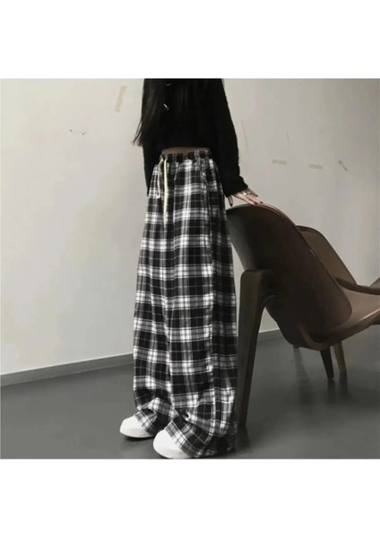 Harajuku Kare Ekose Desenli Siyah Unisex Rahat Kesim Pijama Eşofman Altı