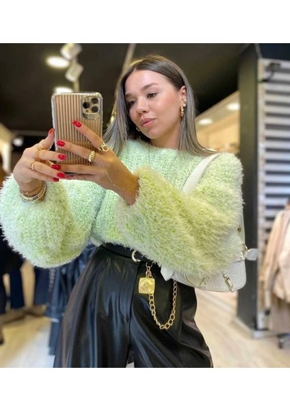 Kadın Fıstık Yeşili Örme Yumoş Crop Kırçıllı Kazak