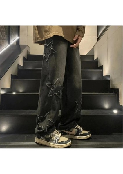 Limited Edition Y2K Gri Yıkamalı Kumaş Yıldız Desen Detay Star Detail Unisex Baggy Pantolon fiyatları