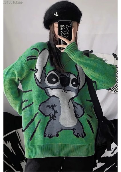 Yeşil Stitch Unisex Oversize Triko Kazak