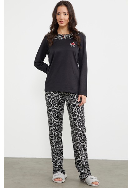 Karışık Desenli Uzun Kol Pijama Takım - Siyah