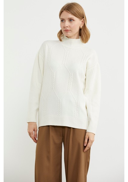 Yarım Balıkçı Desenli Basic Triko Kazak - Kemik fiyatları