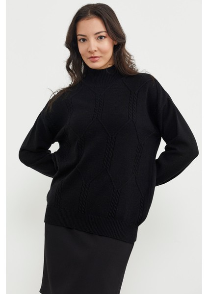 Yarım Balıkçı Desenli Basic Triko Kazak - Siyah