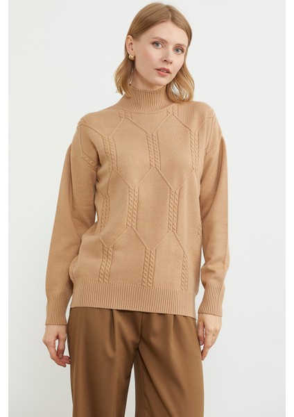 Yarım Balıkçı Desenli Basic Triko Kazak - Bej