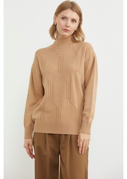 Yarım Balıkçı Desenli Basic Triko Kazak - Bej modelleri