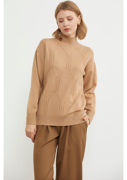 Yarım Balıkçı Desenli Basic Triko Kazak - Bej fırsatları