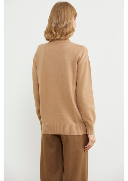 Yarım Balıkçı Desenli Basic Triko Kazak - Bej indirimleri