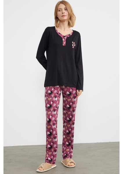 Açık Yaka Desenli Pijama Takım - Siyah fiyatları