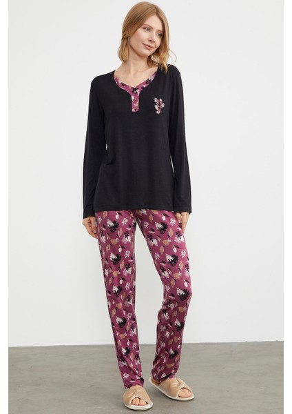 Açık Yaka Desenli Pijama Takım - Siyah modelleri